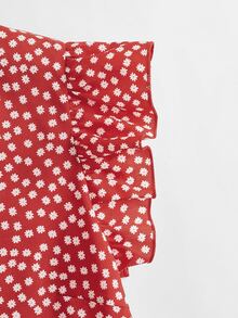 SHEIN Ruffle Trim Ditsy Floral Peplum Top - Red - View 3