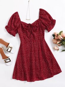 Soleia 雞心領泡泡袖抽繩抽褶斑點洋裝