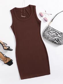 SHEIN Vestido Canalé Liso Casual - Café integral - Ver 1