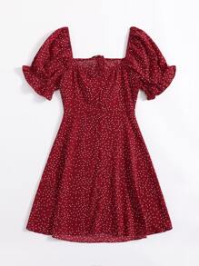 Soleia 雞心領泡泡袖抽繩抽褶斑點洋裝