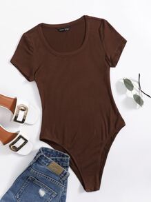 SHEIN EZwear Scoop Neck Rib-knit Bodysuit - Chocolate Brown - View 1