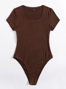 SHEIN EZwear Scoop Neck Rib-knit Bodysuit - Chocolate Brown - View 3
