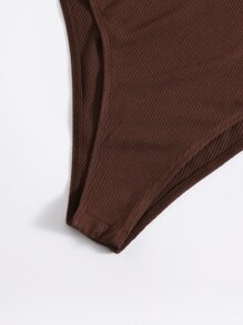 SHEIN EZwear Scoop Neck Rib-knit Bodysuit - Chocolate Brown - View 4