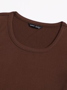 SHEIN EZwear Scoop Neck Rib-knit Bodysuit - Chocolate Brown - View 5