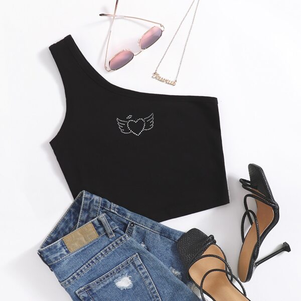 

One Shoulder Heart Rhinestone Detail Top, Black