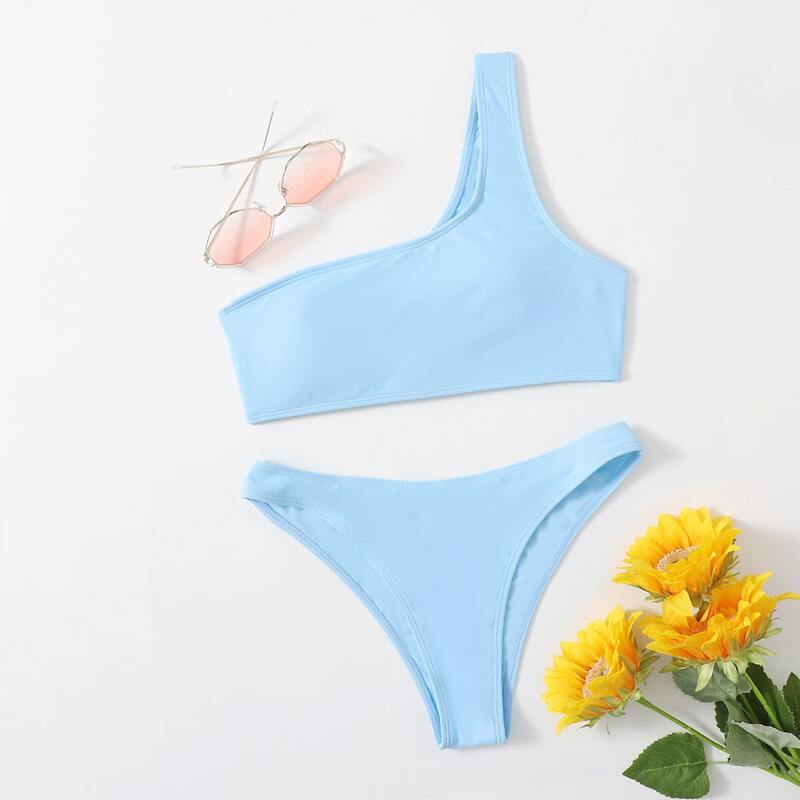 

Solid One Shoulder Bikini Swimsuit, Baby blue