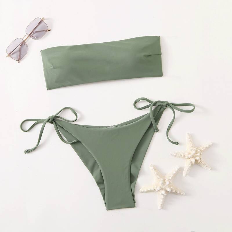 

Solid Bandeau Bikini Swimsuit, Army green