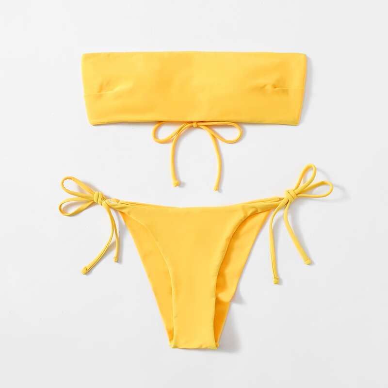 

Solid Bandeau Bikini Swimsuit, Yellow