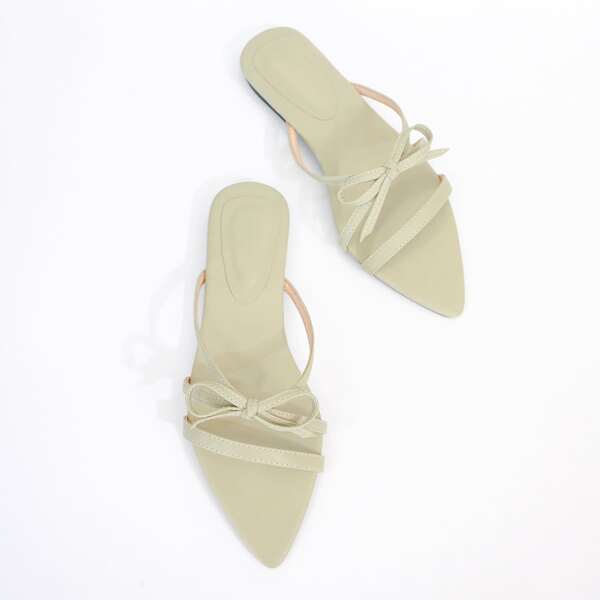 

Knot Decor Thin Strap Slide Sandals, Khaki