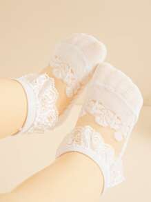 1雙兒童花邊蕾絲褶皺薄款公主襪,適用於夏季 - 白色 - 查看 1
