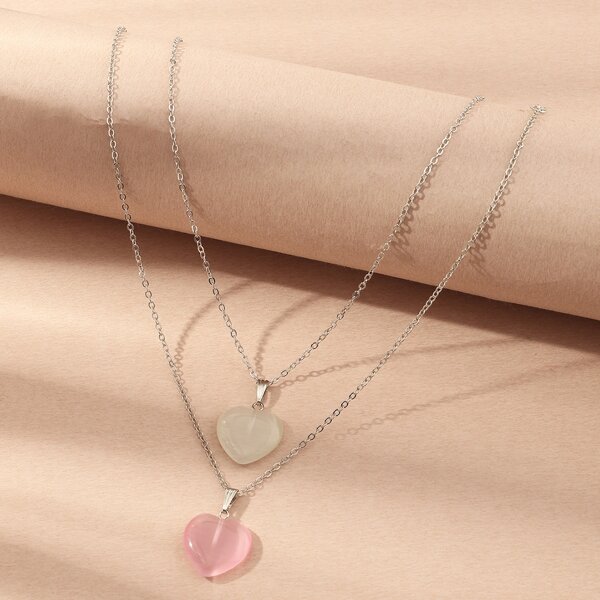

2pcs Girls Heart Charm Necklace, Multicolor