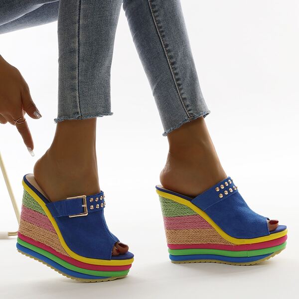 

Studded & Buckle Decor Wedge Mules, Blue