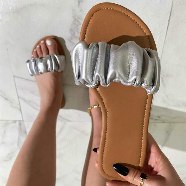 

Minimalist Ruched Slide Sandals, Silver