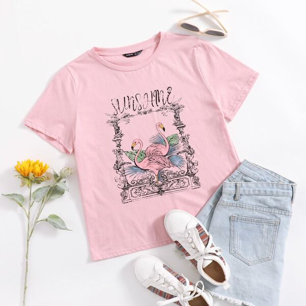 

Flamingo & Letter Graphic Tee, Baby pink