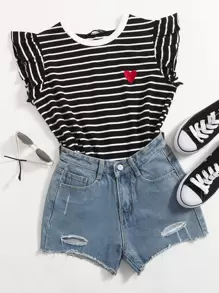 SHEIN EZwear Heart Print Striped Top - Black - View 1