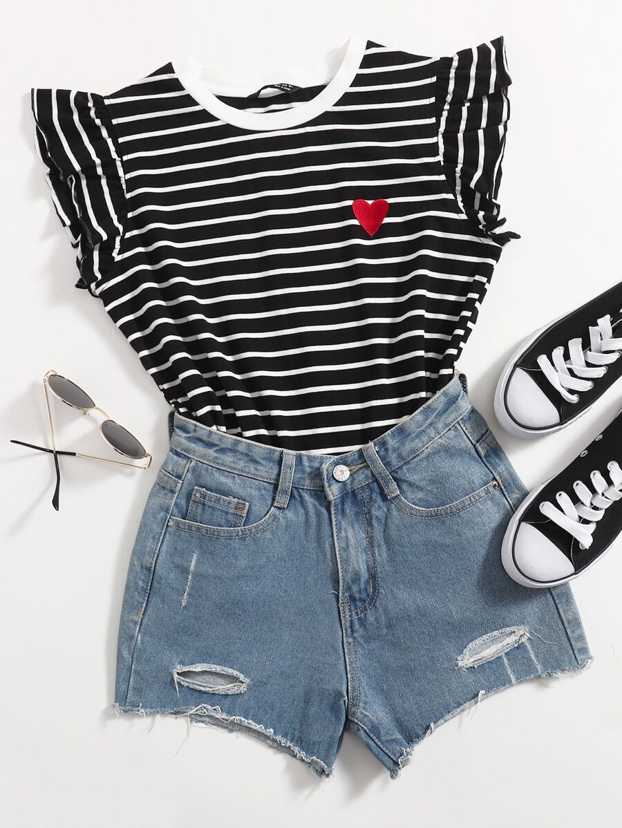 SHEIN EZwear Heart Print Striped Top - Black - View 1