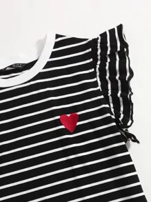 SHEIN EZwear Heart Print Striped Top - Black - View 3