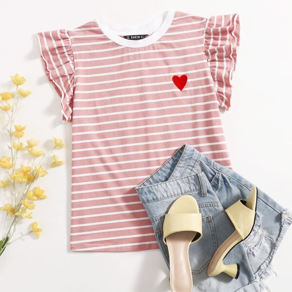 

Ruffle Armhole Heart Embroidered Striped Tee, Baby pink