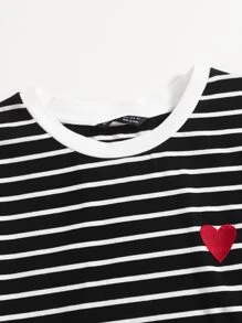 SHEIN EZwear Heart Print Striped Top - Black - View 5