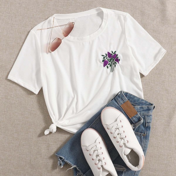 

Floral Embroidery Short Sleeve Tee, White