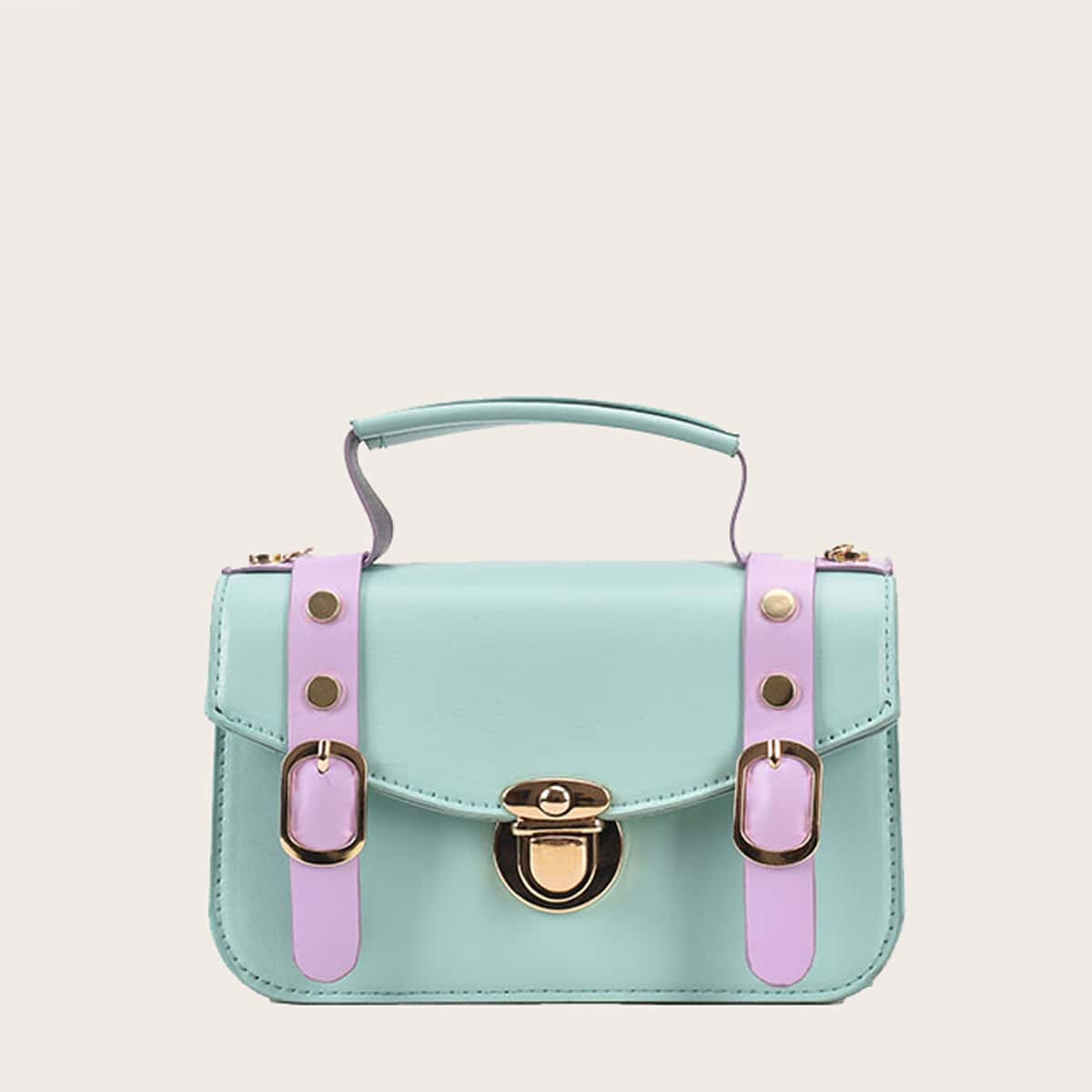 

Colorblock Buckle Satchel Bag, Green