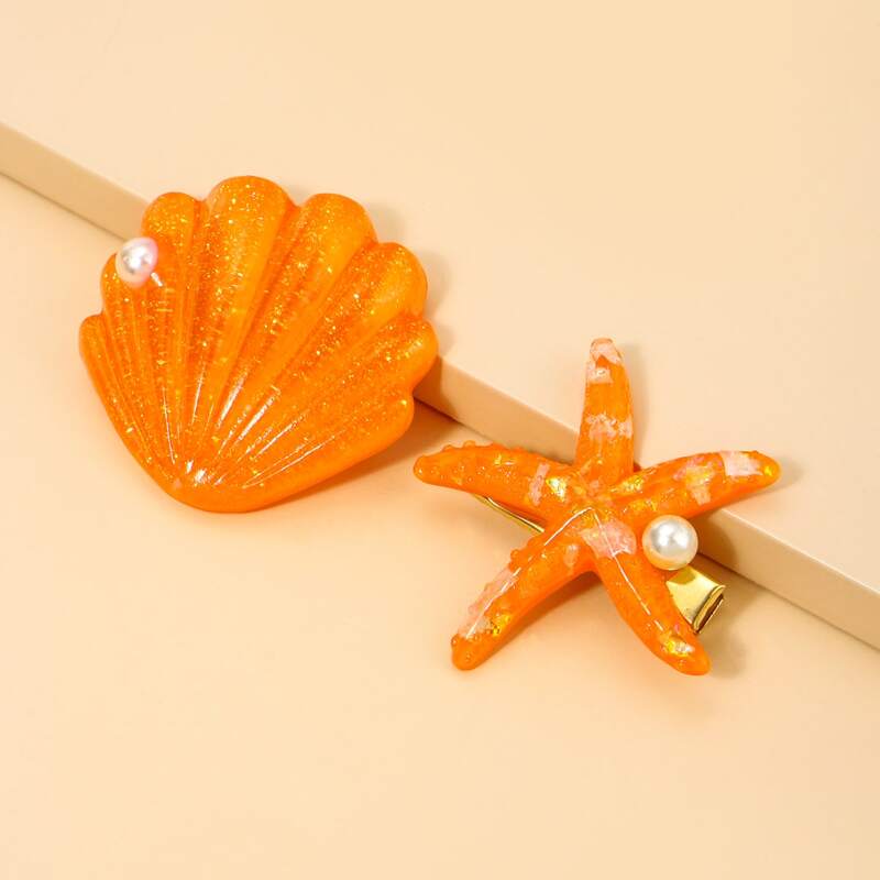 

2pcs Starfish & Shell Design Hair Claw, Orange