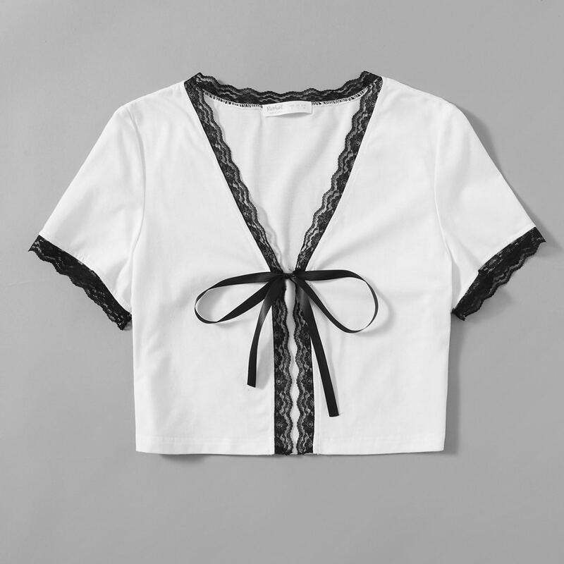 

Contrast Lace Tie Front Top, White