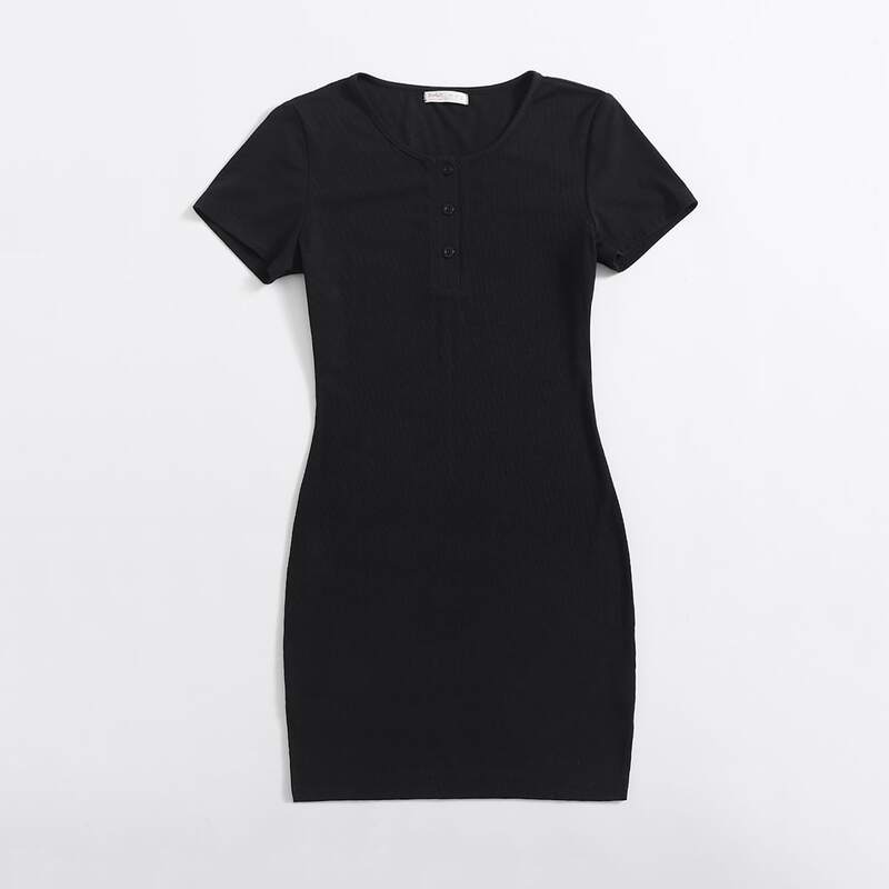 

Solid Button Ribbed Dress, Black