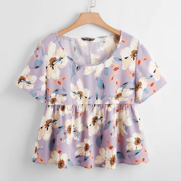 

Plus Floral Print Peplum Blouse, Purple
