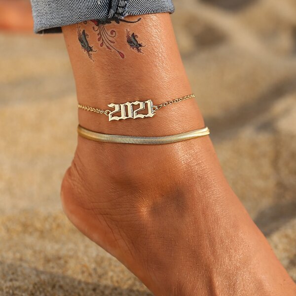 

2pcs Number Decor Anklet, Gold