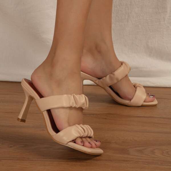 

Ruched Double Strap Stiletto Heeled Mules, Apricot