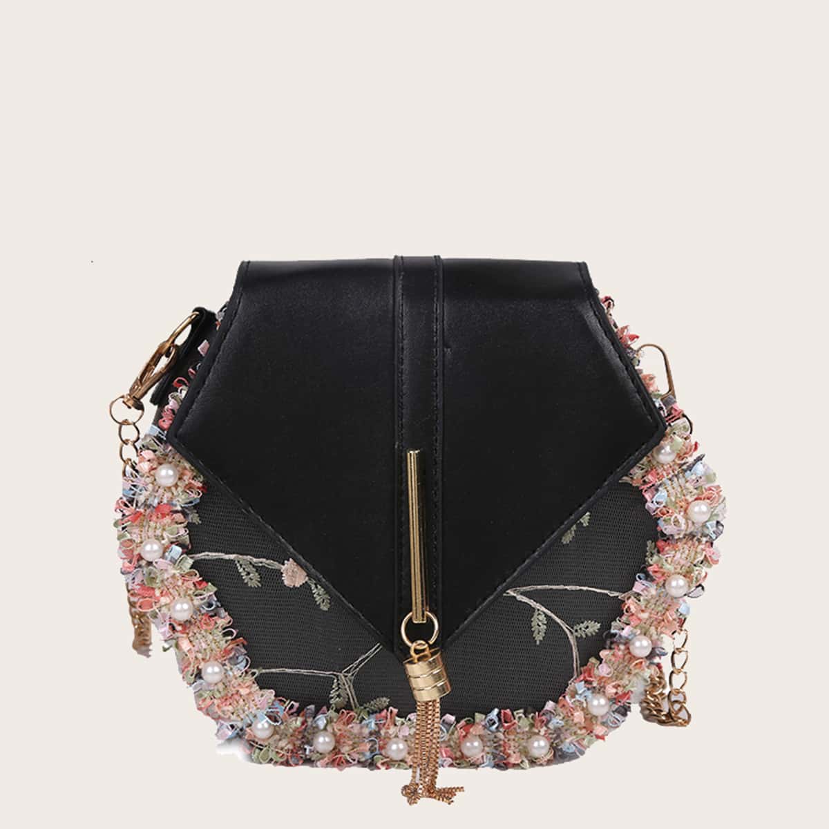 

Faux Pearl Trim Crossbody Bag, Black