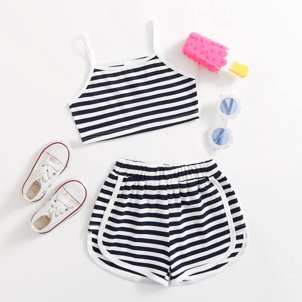 

Toddler Girls Striped Cami Top & Track Shorts, Black and white