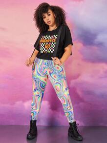 SHEIN Unity Plus D-ring Draped Detail Letter & Geo Print Tee - Black - View 1