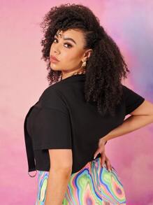 SHEIN Unity Plus D-ring Draped Detail Letter & Geo Print Tee - Black - View 2
