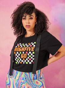 SHEIN Unity Plus D-ring Draped Detail Letter & Geo Print Tee - Black - View 3