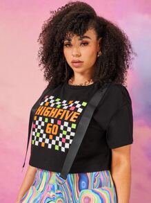 SHEIN Unity Plus D-ring Draped Detail Letter & Geo Print Tee - Black - View 4