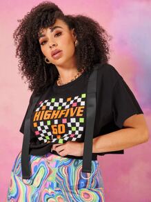 SHEIN Unity Plus D-ring Draped Detail Letter & Geo Print Tee - Black - View 5