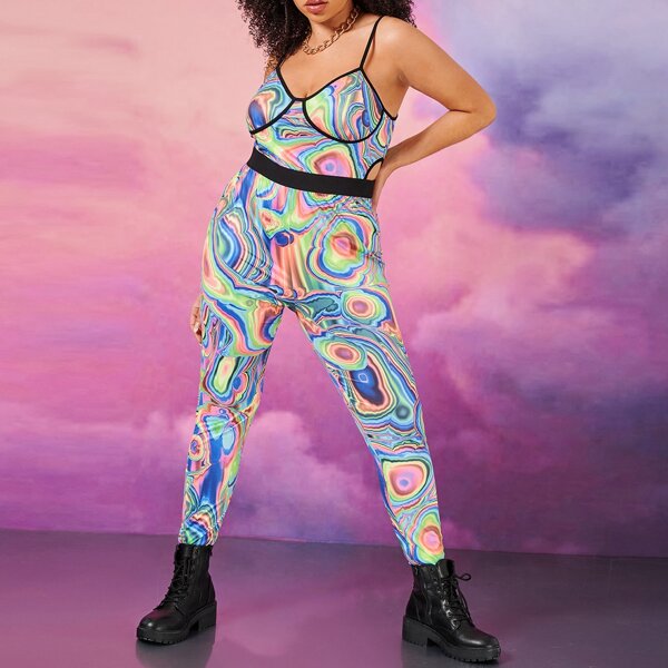 

Plus Cutout Waist Marbled Unitard Jumpsuit, Multicolor