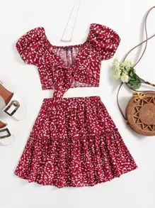 Soleia 繫帶小碎花上衣和褶邊半身裙套裝 - 酒紅色 - 查看 1