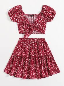 Soleia 繫帶小碎花上衣和褶邊半身裙套裝 - 酒紅色 - 查看 4