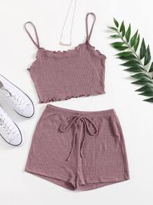 SHEIN EZwear 華夫格針織小褶邊吊帶上衣和短褲套裝