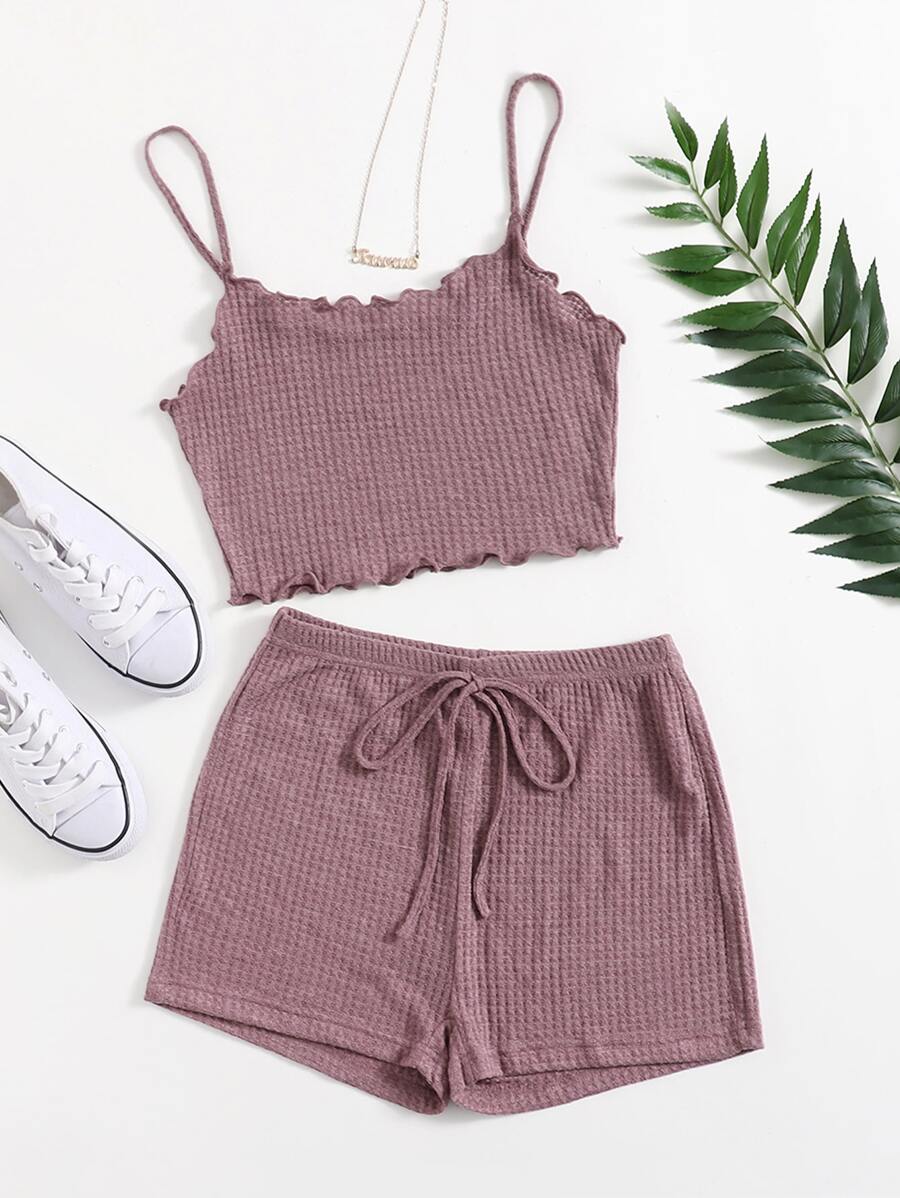 SHEIN EZwear 華夫格針織小褶邊吊帶上衣和短褲套裝