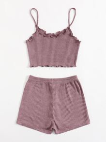 SHEIN EZwear 華夫格針織小褶邊吊帶上衣和短褲套裝