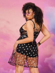 SHEIN Plus Star Print Mesh Sheer Belted Cami Dress Without Lingerie Set - Black - View 2