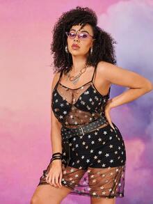 SHEIN Plus Star Print Mesh Sheer Belted Cami Dress Without Lingerie Set - Black - View 5