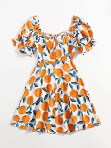 Soleia Sweetheart Neck Puff Sleeve Drawstring Ruched Orange Print Dress - Multicolor - View 2