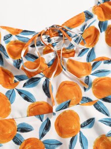 Soleia Sweetheart Neck Puff Sleeve Drawstring Ruched Orange Print Dress - Multicolor - View 3