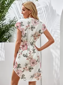 SHEIN Clasi 西裝領自腰帶弧形下擺花卉連衣裙 - 彩色 - 查看 2