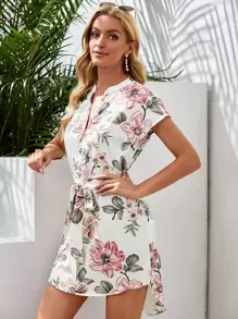 SHEIN Clasi 西裝領自腰帶弧形下擺花卉連衣裙 - 彩色 - 查看 4